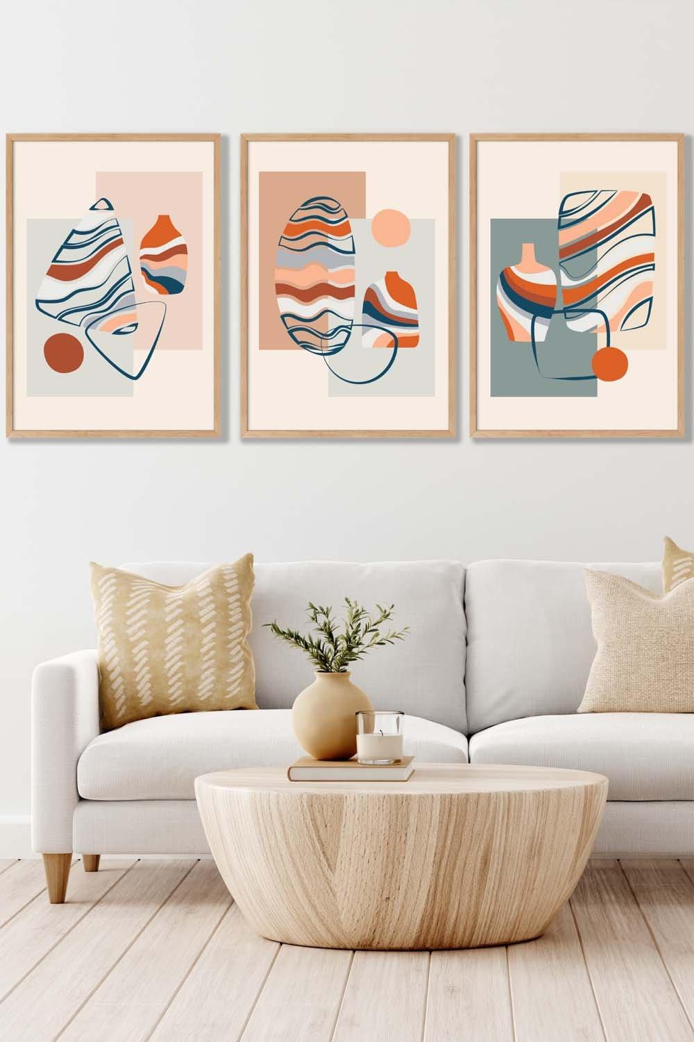 Set of 3 Oak Framed Boho Modern Abstract in Blue and Orange Wall Art